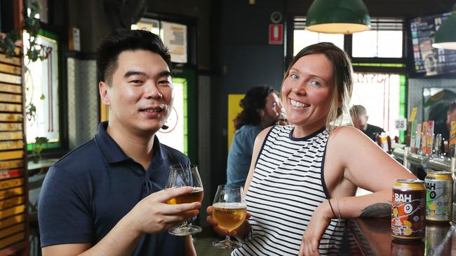 Pu Koh and Ciara Maguire taste test Sobah alcohol-free beers. Picture: Rohan Kelly