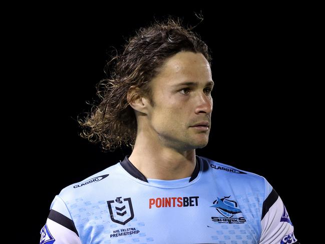 SYDNEY, AUSTRALIA - SEPTEMBER 09:  Nicholas Hynes of the Sharks warms up before the NRL Elimination Final match between Cronulla Sharks and Sydney Roosters at PointsBet Stadium on September 09, 2023 in Sydney, Australia. (Photo by Mark Metcalfe/Getty Images)