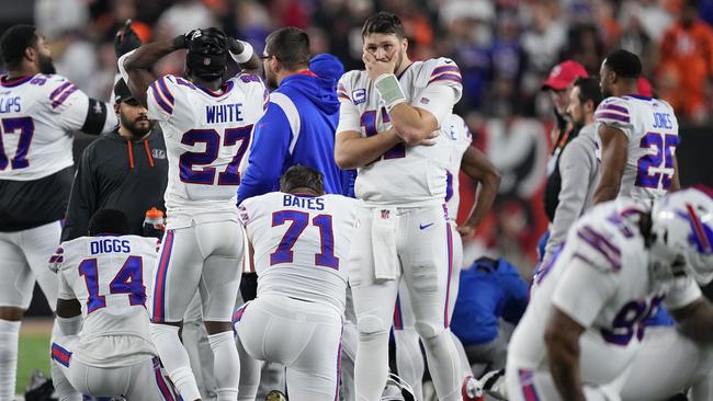 Josh Allen #17 of the Buffalo Bills reacts after teammate Damar Hamlin #3 collapsed. (Photo by Dylan Buell/Getty Images)