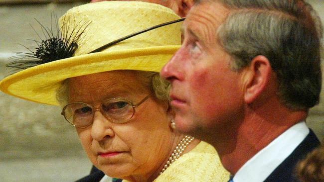 Queen Elizabeth II with son Charles, Prince of Wales at a ceremony to mark the 50th anniversary of her coronation, at Westminster Abbey in 2003.