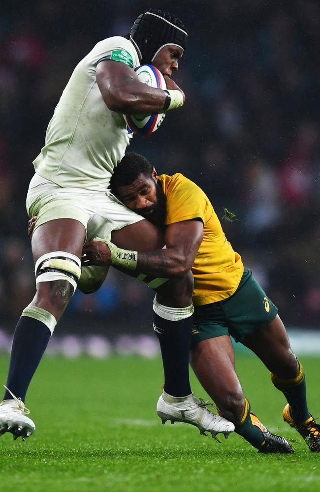 Marika Koroibete drives into the tackle of Maro Itoje.