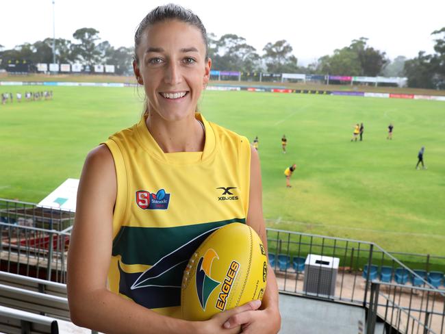 Alli Evans - sister of Sturt premiership player Fraser Evans - has returned to the SANFLW with Woodville-West Torrens - after taking a break last season. Pictured at Elizabeth Oval where the Eagles are playing a trial game against Central. 1 February 2020. (AAP Image/Dean Martin)