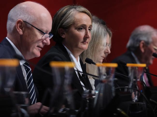 MELBOURNE, AUSTRALIA - NewsWire Photos NOVEMBER 3, 2023: Qantas Chair Richard Goyder  is seen sitting next to CEO Vanessa Hudson during the Qantas Annual General Meeting (AGM), in Melbourne.Picture: NCA NewsWire / Luis Ascui