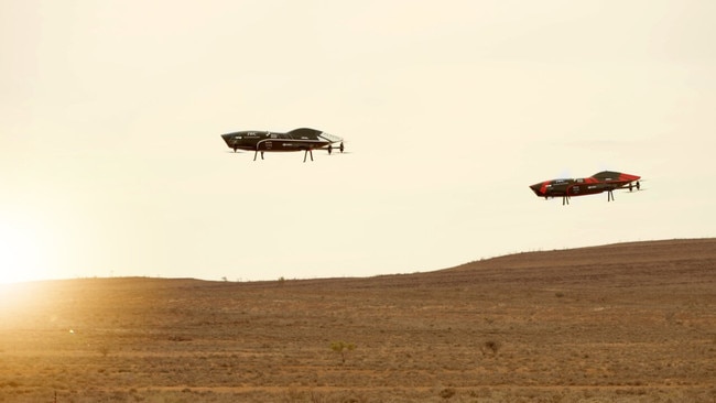 The two flying cars during the ‘drag race’ in the Flinders Ranges. Picture: Airspeeder