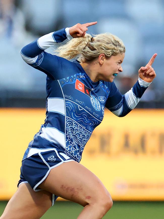 Georgie Prespakis celebrates kicking the opening goal on Friday night. Picture: Kelly Defina/Getty Images