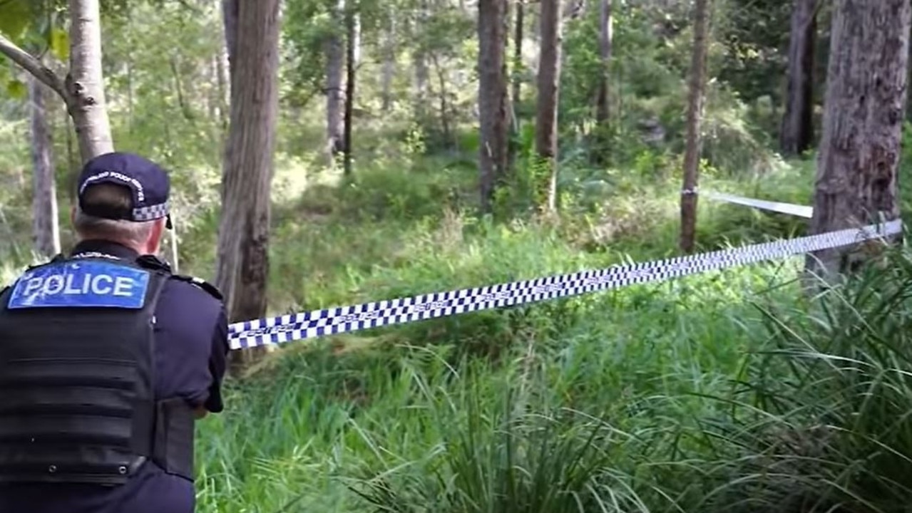 Police at the scene of a double drowning at Wappa Falls on the Sunshine Coast hinterland. Picture: 9News