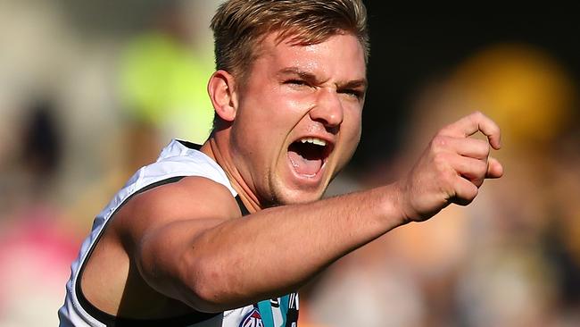 Ollie Wines celebrates his vital first goal against West Coast. Picture: Paul Kane (Getty Images)