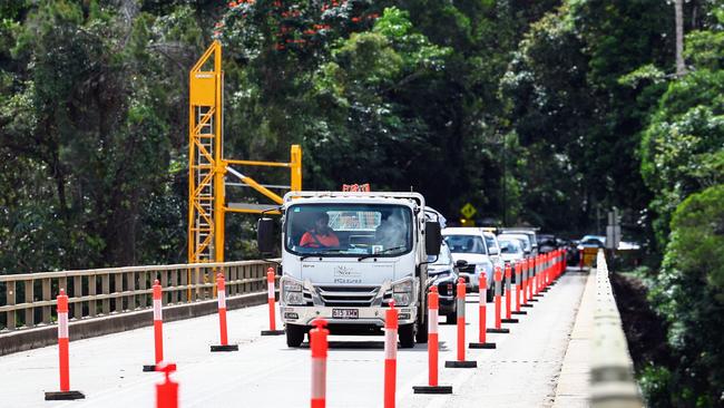 Traffic has been reduced to a single lane of traffic intermittently on the existing bridge since a load limit was introduced in 2020. Picture: Brendan Radke