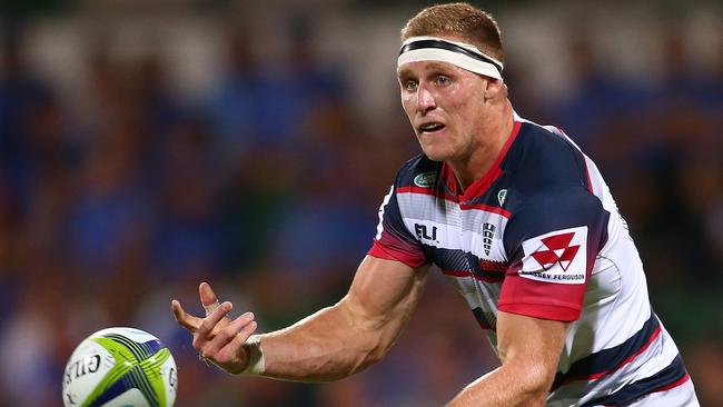 PERTH, AUSTRALIA - FEBRUARY 27: Reece Hodge of the Rebels passes the ball during the round one Super Rugby match between the Force and the Rebels at nib Stadium on February 27, 2016 in Perth, Australia. (Photo by Paul Kane/Getty Images)