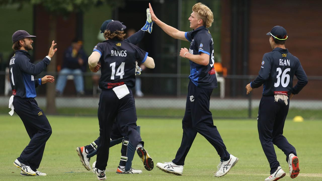 Premier - Will Sutherland celebrates a wicket with Prahran teammates. Picture: Stuart Milligan