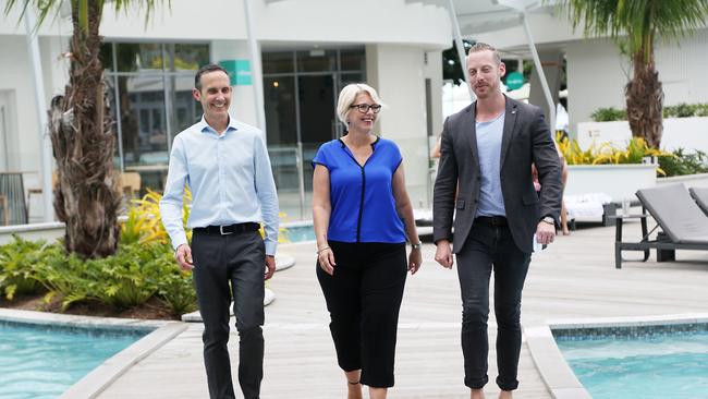 Labor's assistant shadow treasurer, Andrew Leigh and Labor candidate for Leichhardt Elida Faith talk with Crystalbrook Colection area general manager Joel Gordon in Cairns. PICTURE: STEWART MCLEAN