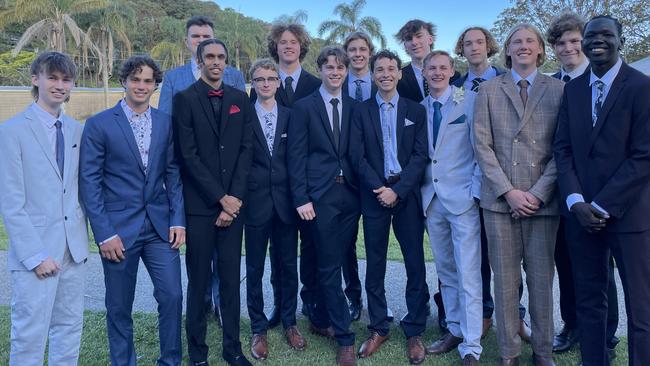 Lachlan Lowrey, Joseph Clarke, Oshae Coe, Sean Abel, Jeremy Clack, Brody Dalton, Will McCormack, Lachlan Marle, Caleb Hay, William Chapman, Jayden Duff, Taj Buck, Hamish Anderson, Joshua Henderson-Smith and Bennet Bar Reech at the St John Paul College Year 12 formal. Picture: Matt Gazy