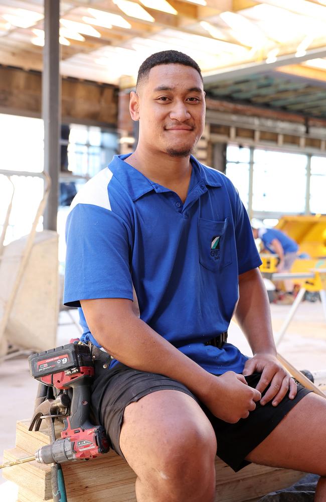 Pictured is Filo Totoa, who is a Cabramatta Rugby League Club Junior Player who is determined to stay in school despite his NRL aspirations. He is undertaking the trade training college and works onsite as a tradesman while getting his apprenticeship and HSC. Picture: Tim Hunter.