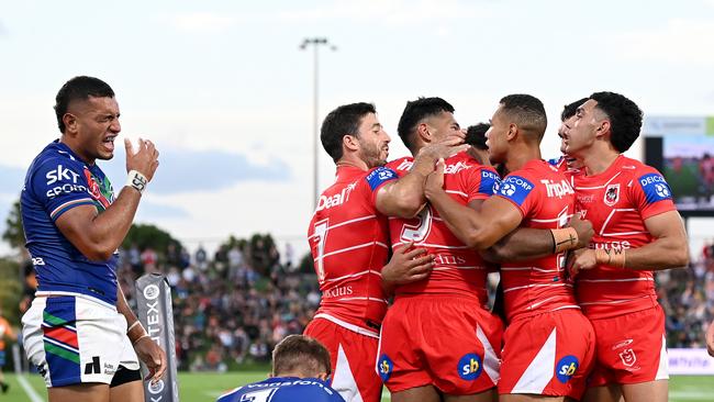 The Dragons tormented Warriors winger Marcelo Montoya. Picture: Bradley Kanaris/Getty Images