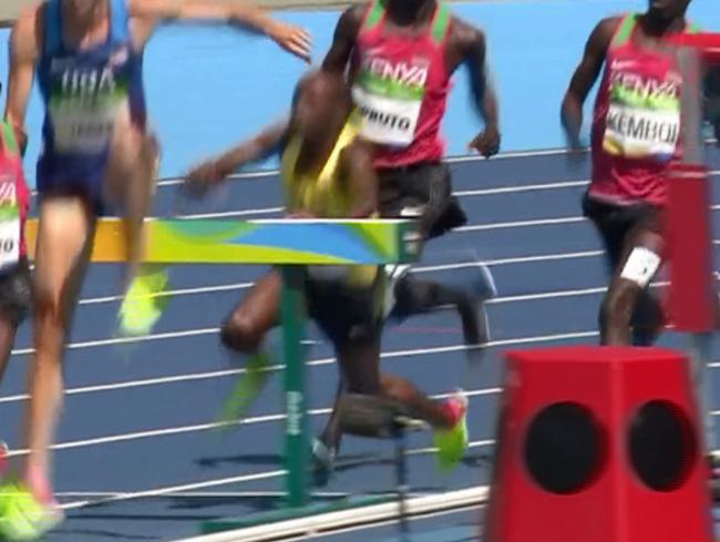 BBC footage shows Jacob Araptany fall in the 3000m Steeplechase.