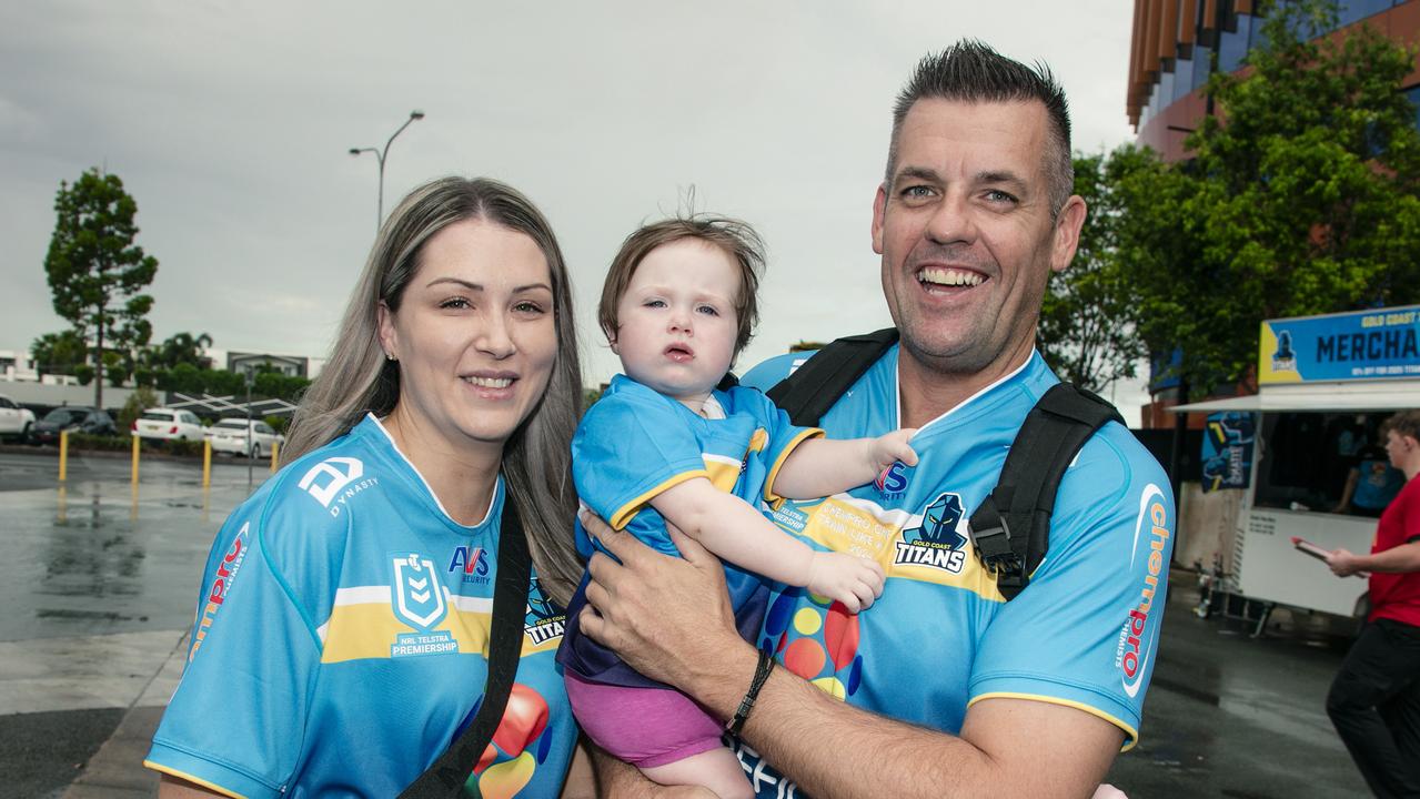 Kylie Thompson, Everlee Maggs and Joel Maggs at the first home game of the Gold Coast Titans on Saturday night at the CBus Super Stadium. Picture: Glenn Campbelll