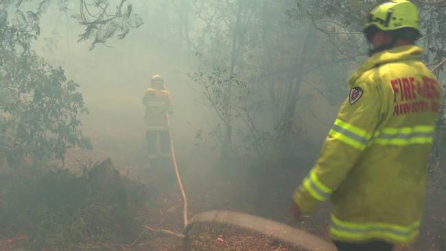 Firefighters head into the bush to battle the fire on Whitehaven Rd, Northmead. Picture: TNV