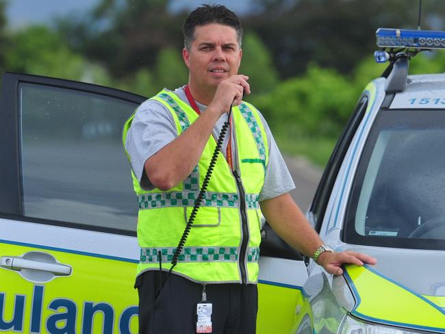 Townsville paramedic union delegate Aaron Harper uses the new radio. An upgrade to the Queensland Ambulance Service's radio system in Townsville will mean less blackspots and better communication for paramedics. Picture: Morgan Evan