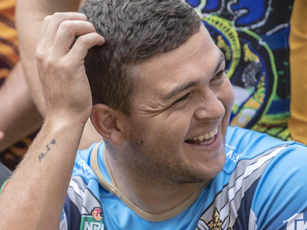 (L-R) Tyrell Fuimoano of the Rabbitohs  and Ash Taylor of the Gold Coast Titans, at the launch of the 2018 NRL Indigenous Round in Brisbane, Monday, May 7, 2018. (AAP Image/Glenn Hunt) NO ARCHIVING