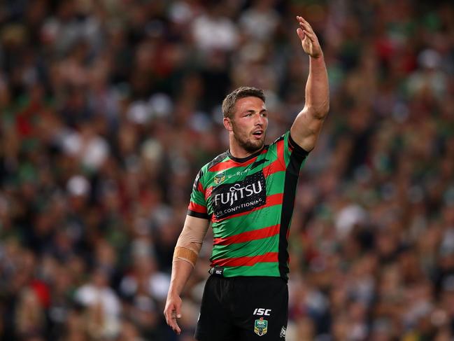 SYDNEY, NEW SOUTH WALES - SEPTEMBER 22:  Sam Burgess of the Rabbitohs looks on during the NRL Preliminary Final match between the Sydney Roosters and the South Sydney Rabbitohs at Allianz Stadium on September 22, 2018 in Sydney, Australia.  (Photo by Mark Kolbe/Getty Images)