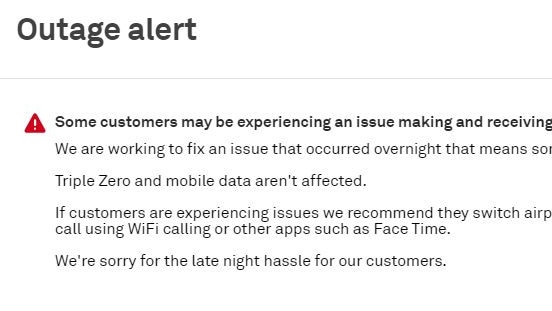 The outage alert shared to the Telstra website. Picture: Telstra