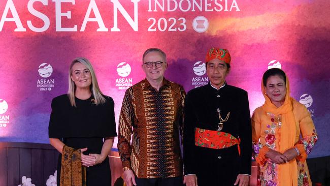 Prime Minister Anthony Albanese and partner Jodie Haydon are welcomed to President Joko Widodo and Indonesia’s First Lady Iriana Widodo for the gala dinner of the 43rd ASEAN Summit in Jakarta. Picture: Mast Irham/AFP