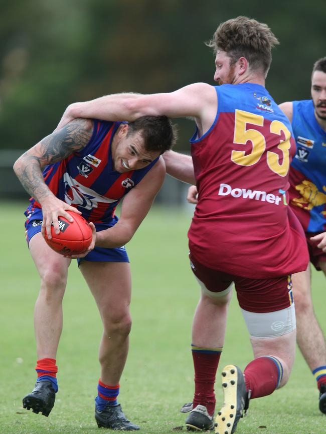 Football GDFL: Belmont Lions v Bell Post Hill Belmont Lions 53 Jed Evans tackles Bell Post Hill 23 Jordan Sabell Picture: Mark Wilson