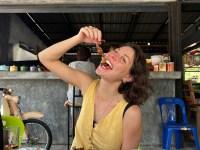 Sofia Levin eats jungle food, including frog deep fried with garlic confetti, in Chonburi, Thailand.
