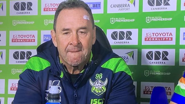 An emotional Ricky Stuart at Canberra Raiders presser after beating the Dolphins tonight. 29.4.23