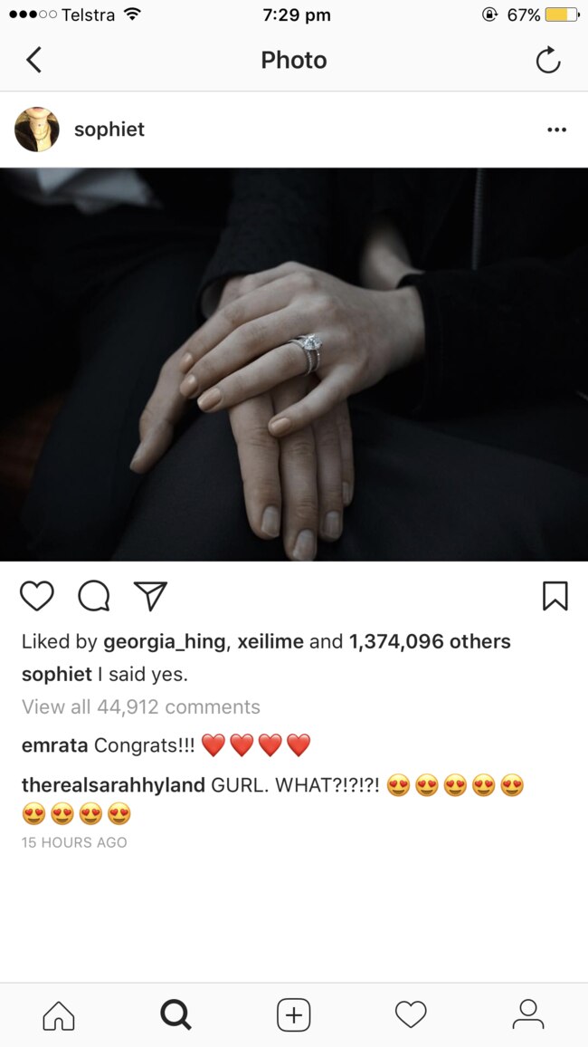 Turner, who plays Sansa Stark, caption the photo: “I said yes.” Picture: Instagram