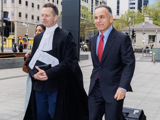 Liberal Leader John Pesutto arrives at court with his barrister Matthew Collins KC. Picture: Aaron Francis