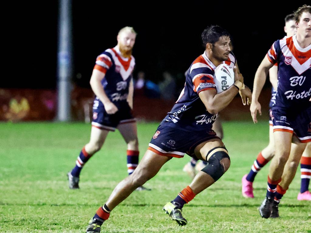 Roosters captain James Clark runs the ball up in the Far North Queensland Rugby League (FNQRL) Men's minor semi final match between the Atherton Roosters and the Cairns Kangaroos, held at Smithfield Sporting Complex. Picture: Brendan Radke