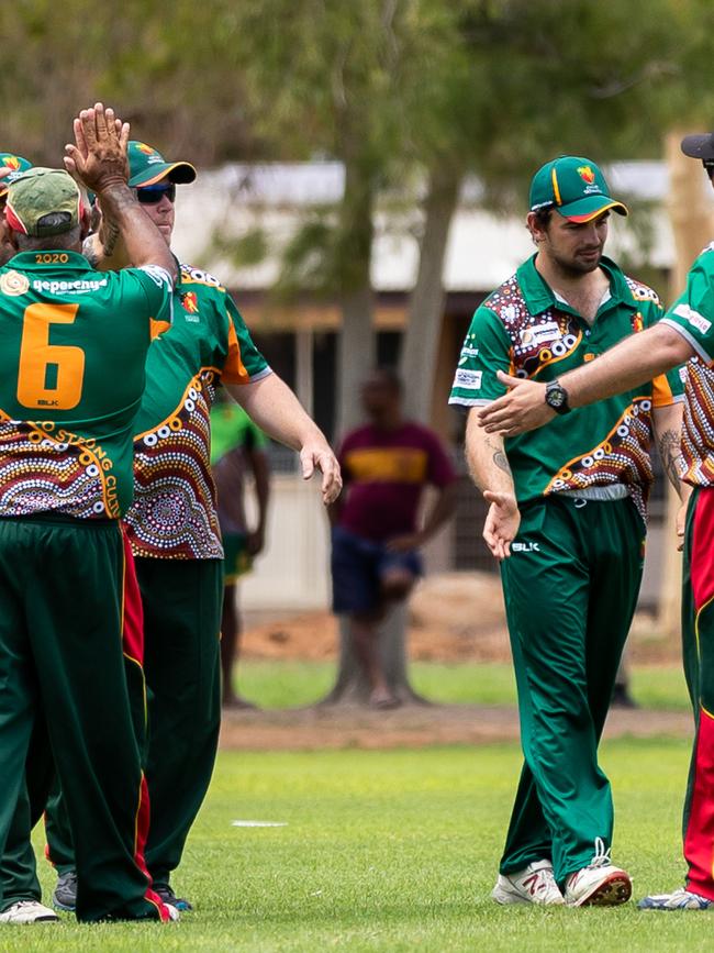 The Desert Eagles celebrate a wicket at the cup in 2020. Picture: Emma Murray.