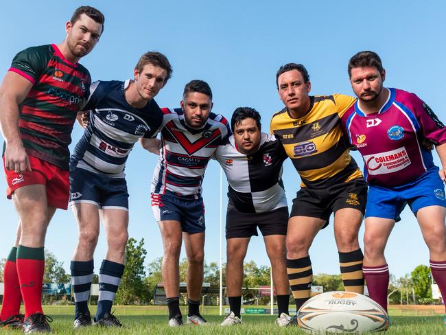 The Darwin Rugby Union season is set to launch on October 24. The captains of the 6 premier league teams gather before the first kick-off.  Zac Burge (South Darwin Rabbitohs), Mark Ross (Casuarina Cougars), Kendall Quakawoot (Palmerston Crocs),  Dennis Hill (University Pirates), Hirini Murfitt (Darwin Dragons), Mark Gillam (Swampdogs). Picture: Che Chorley