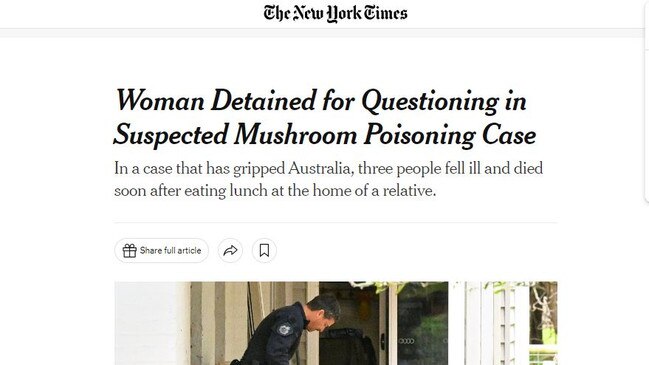 The New York Times' coverage of the mushroom case. Picture: Supplied