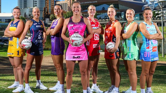 Captains Steph Wood, Sunshine Coast Lightning, Kate Moloney, Melbourne Vixens, Ruby Bakewell-Doran, Queensland Firebirds, Hannah Petty, Adelaide Thunderbirds, Maddy Turner, NSW Swifts, Jamie-Lee Price, Giants, Jess Anstiss, West Coast Fever, Amy Parmenter, Melbourne Mavericks during the 2025 Suncorp Super Netball season launch at Pinky Flat. Picture: Sarah Reed/Getty Images for Netball Australia