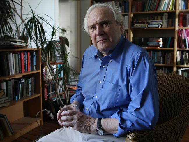 16/05/2019. Frank Moorhouse, Australian author pictured at home with his books in Kings Cross in Sydney. Britta Campion / The Australian