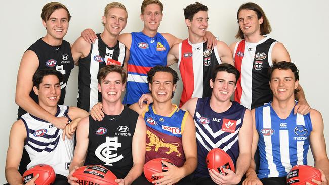 The 2017 top-10 picks: (back row from left) Lochie O'Brien, Jaidyn Stephenson, Aaron Naughton, Nick Coffield, Hunter Clark, (front row from left) Adam Cerra, Paddy Dow, Cam Rayner, Andrew Brayshaw and Luke Davies-Uniacke. Picture: Getty Images