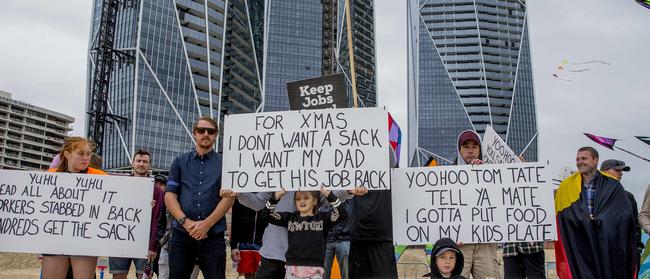 Workers from the Jewel development protesting at the Jewel International Kite Festival on Sunday at Surfers Paradise. Picture: Jerad Williams