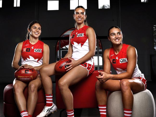 Sydney Swans players Sofia Hurley, Ella Heads and Brenna Tarrant who are the only three players to play in all matches for the Swans since they joined the AFLW. This week they play their first finals match against the Gold Coast. Photo by Phil Hillyard(Image Supplied for Editorial Use only - **NO ON SALES** - Â©Phil Hillyard )