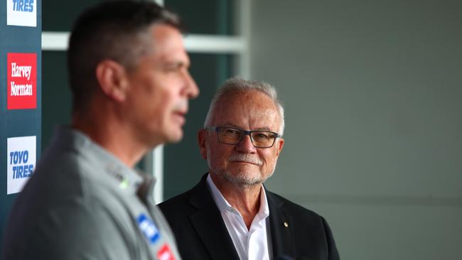 Giants chairman Tony Shepherd listens to new coach Adam Kingsley at his first public appearance for the club. Picture: Getty Images