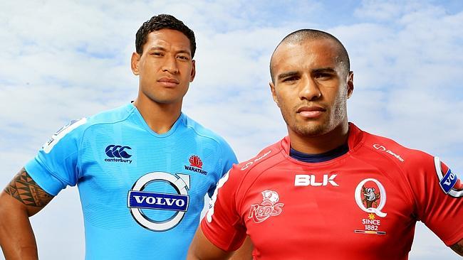 Israel Folau of the Waratahs and Will Genia of the Queensland Reds at the Super Rugby season 2014 Launch at South Maroubra Surf Club, Sydney. pic Mark Evans