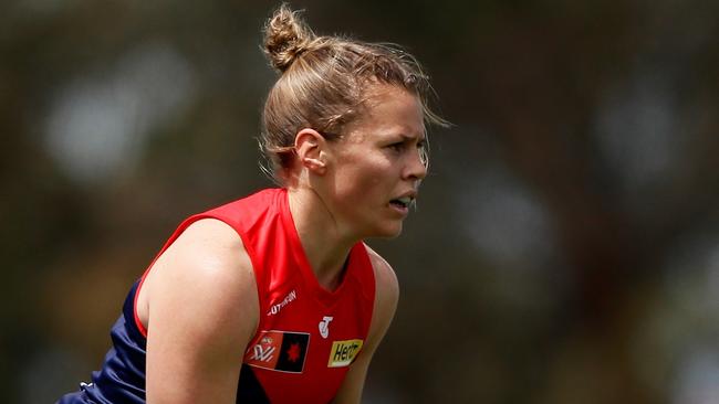 MELBOURNE, AUSTRALIA - OCTOBER 29: Maddison Gay of the Demons in action during the 2022 S7 AFLW Round 10 match between the Melbourne Demons and the West Coast Eagles at Casey Fields on October 29, 2022 in Melbourne, Australia. (Photo by Dylan Burns/AFL Photos via Getty Images)