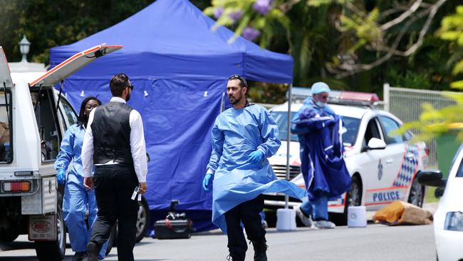 Police in the Worongary street where Kym Cobby was allegedly murdered. Picture: NIGEL HALLETT