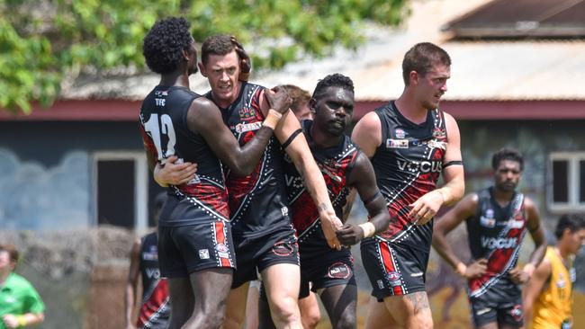 The Tiwi Bombers celebrating a goal in the 2023-24 NTFL season. Picture: Tymunna Clements / AFLNT Media