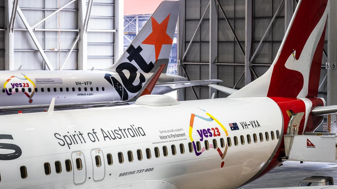 Qantas and Jetstar aircraft with new livery supporting the voice to parliament campaign. Picture: Qantas