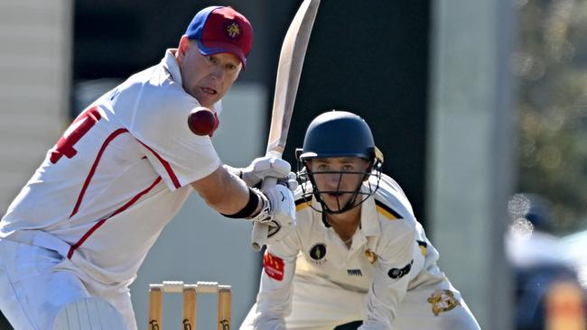 Maribyrnong Park St Mary's Jason McGann and Williamstown ImperialsÃ Oscar Florentine during the VTCA Williamstown Imperials v Maribyrnong Park St Mary's cricket match in Williamstown, Saturday, March 16, 2024. Picture: Andy Brownbil