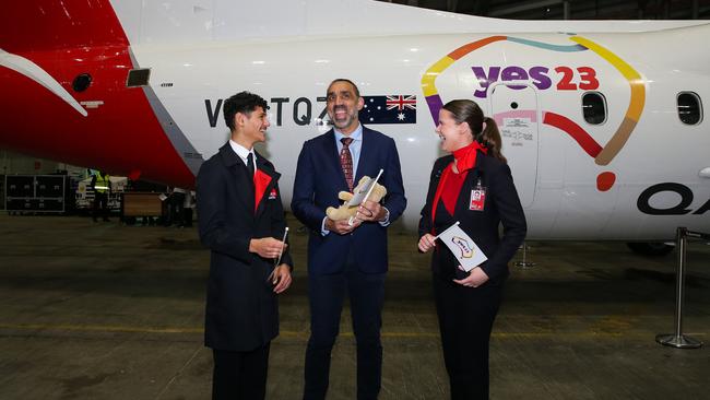 Former AFL star Adam Goodes at the launch of the Qantas ‘Yes’ campaign. Picture: Gaye Gerard