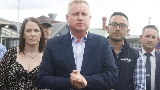 Premier Jeremy Rockliff in Moonah with Angela Hamilton owner of Raspberry Lane Boutique on left and Simon Behrakis Liberal member for Clark. Premier Jeremy Rockliff in Moonah. Picture: Nikki Davis-Jones