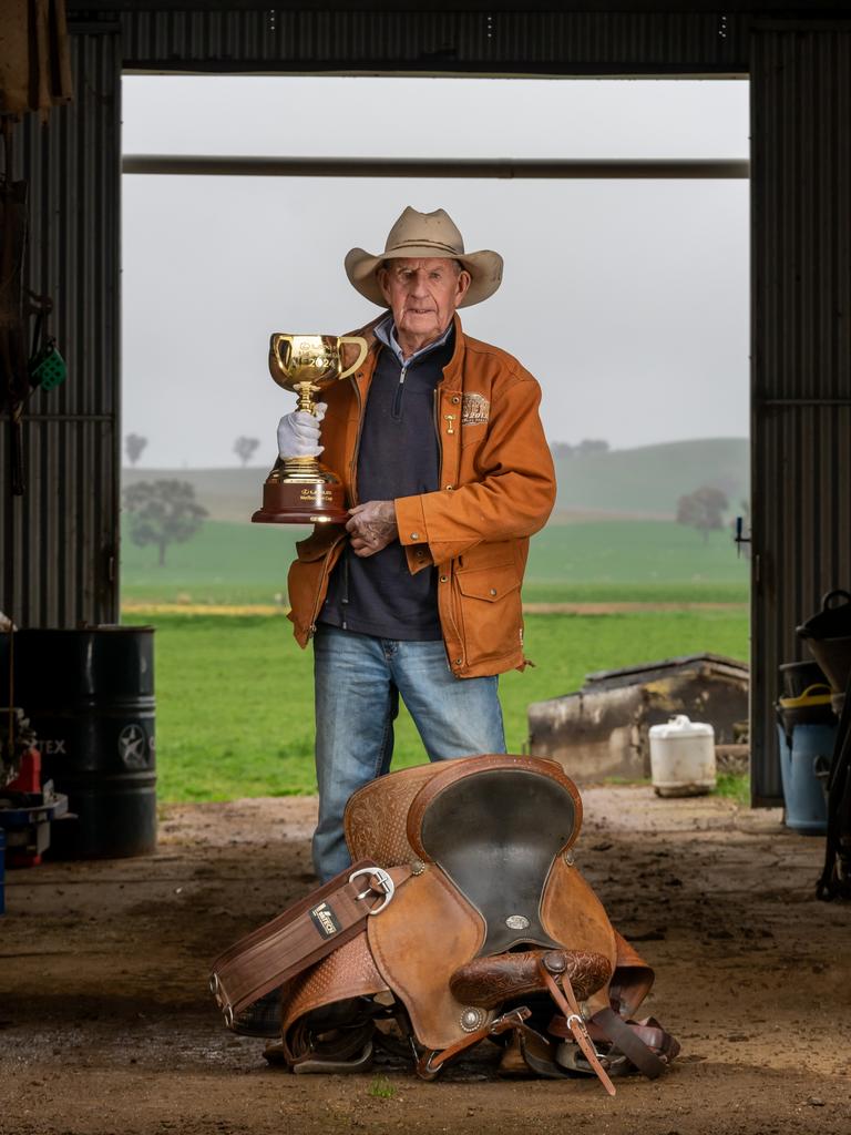 ‘Cootamundra Cat’ Bob Holder, aged 93, with the Lexus Melbourne Cup in Cootamundra, NSW. Picture: Jay Town